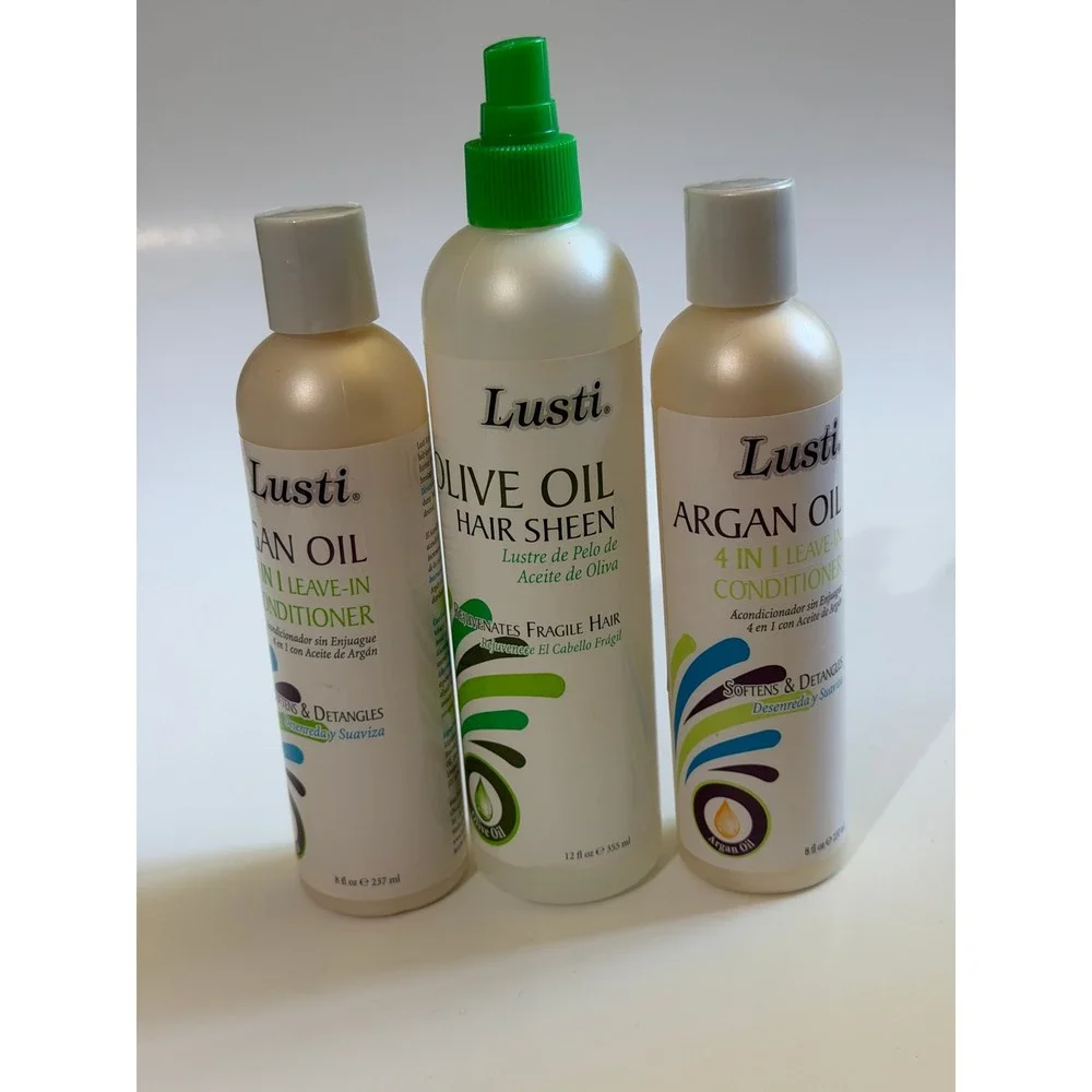 Lusti Argan Oil Leave-In Conditioner 8oz & Olive Oil Hair Sheen 12oz 3pc Set